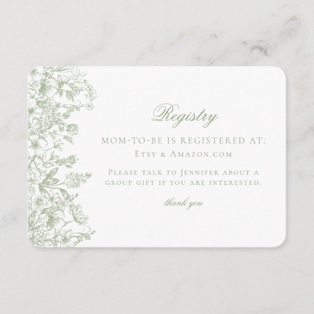 Sage Pastel Chinoiserie Floral Baby Registry Card Begleitkarte (Vorderseite)