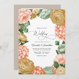 Sage, Peach & Antique Gold Floral Wedding Einladung