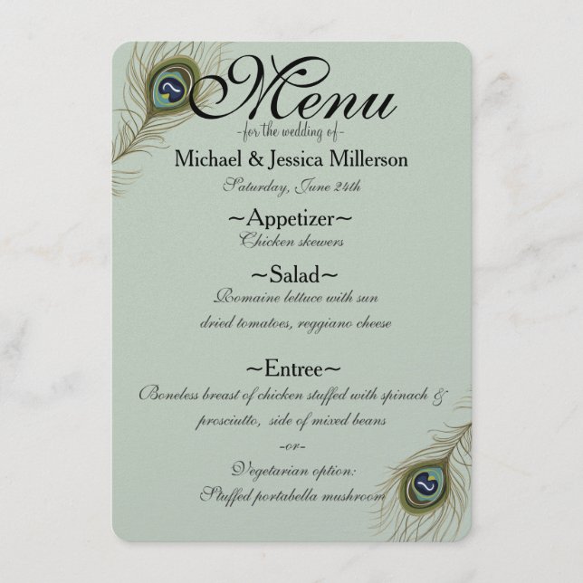 Sage Peacock Feather Wedding Menu Menükarte (Vorderseite)