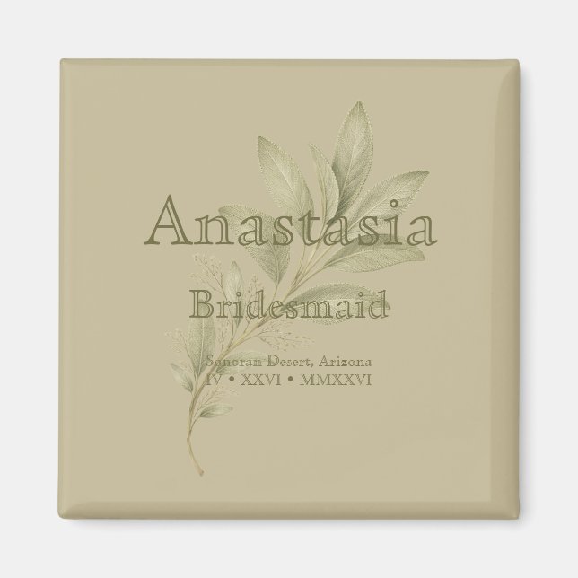 Sage Personalized Bridesmaid Shot Glass Magnet (Vorne)