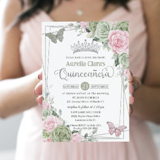 Sage Pink Floral Butterfliegen Silver Quinceanera Einladung