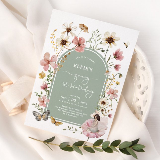 Sage Pink Wildblume Fairy 1. Geburtstag Party Einladung (Von Creator hochgeladen)