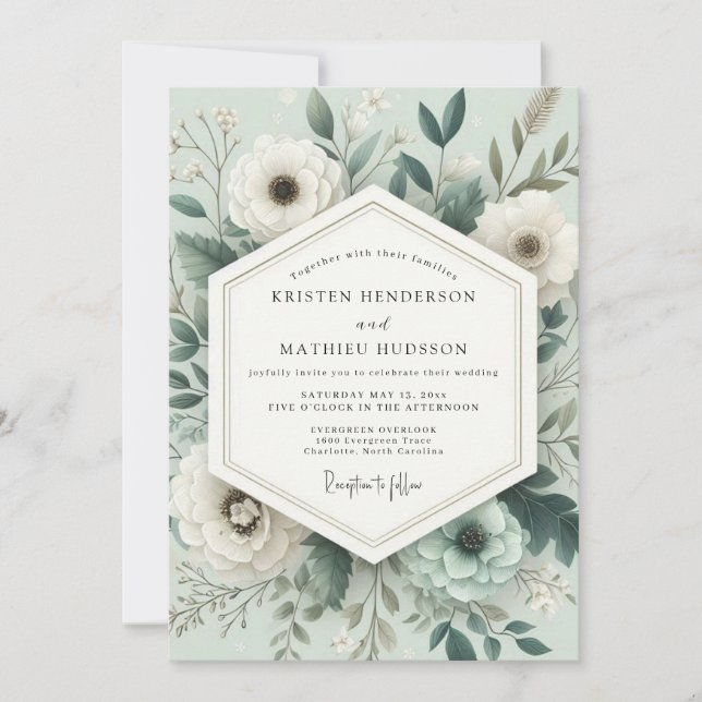 Sage Poetic Anemone Wedding Einladung (Vorderseite)
