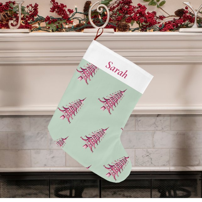 Sage Red Christmas Pagoda Tremuster Großer Weihnachtsstrumpf (Sage red Christmas Pagoda Tree pattern Large Christmas Stocking)