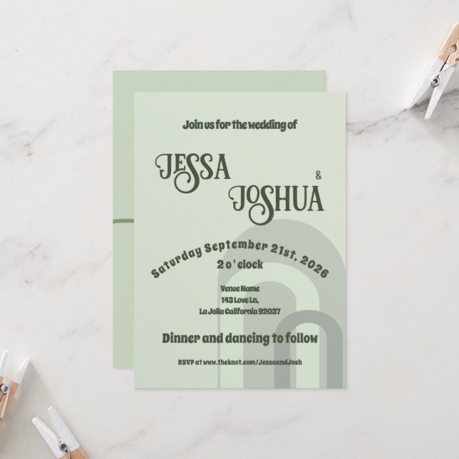 Sage Retro Funky Disco Wedding - Bold Modern Fun Einladung (Vorderseite/Rückseite Beispiel)