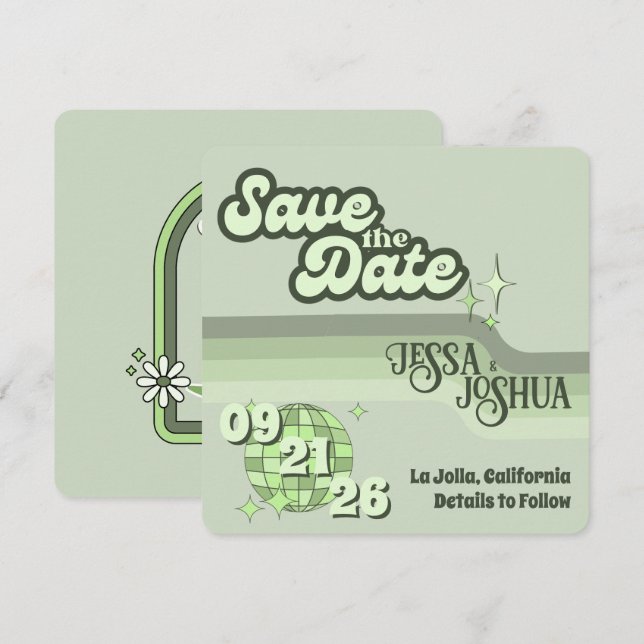 Sage Retro Funky Disco Wedding - Save the Date Einladung (Vorne/Hinten)