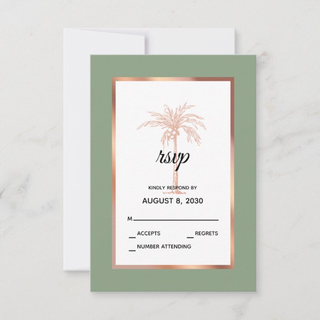 Sage Rose Gold Kupfer Palm Tree Beach Hochzeit RSVP Karte (Vorderseite)