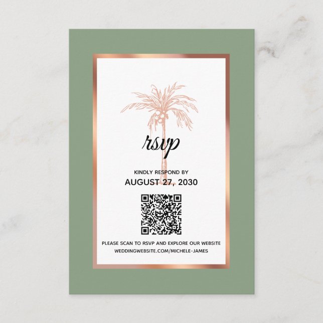 Sage Rose Gold Kupfer Palm Tree QR Code Hochzeit RSVP Karte (Vorderseite)