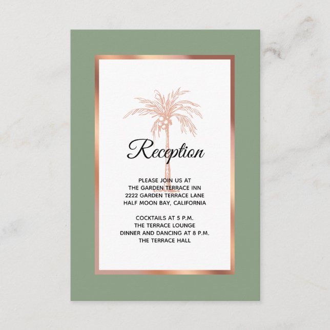 Sage Rose Gold Kupfer Palme Tree Hochzeitsempfang Begleitkarte (Vorderseite)