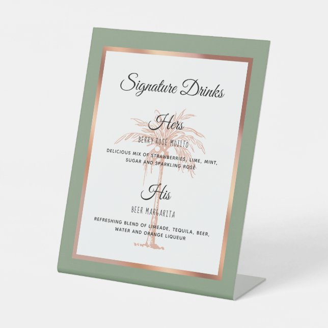 Sage Rose Gold Palm Tree Hochzeit Signature Drinks Sockelschild (Vorderseite)