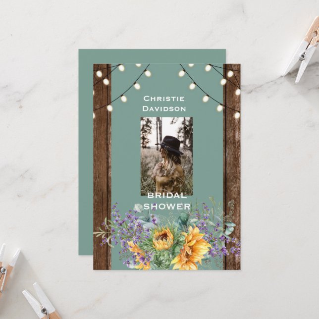 Sage Rustic Sonnenblume Foto Lights Brautparty Einladung (Vorderseite/Rückseite Beispiel)