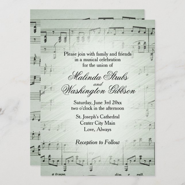 Sage Sheet Music Wedding Thema Einladung (Vorne/Hinten)