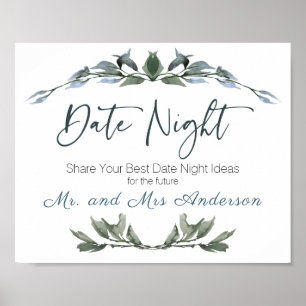 Sage Silver Green Floral Date Night Sign Poster