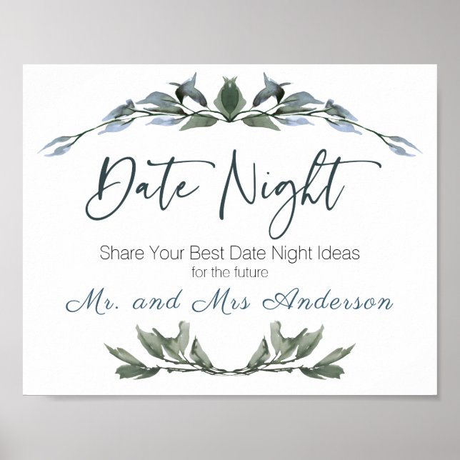 Sage Silver Green Floral Date Night Sign Poster (Vorne)