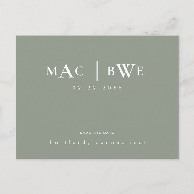 Sage Simple & Sleek Monogram Save the Date Postkarte (Vorderseite)