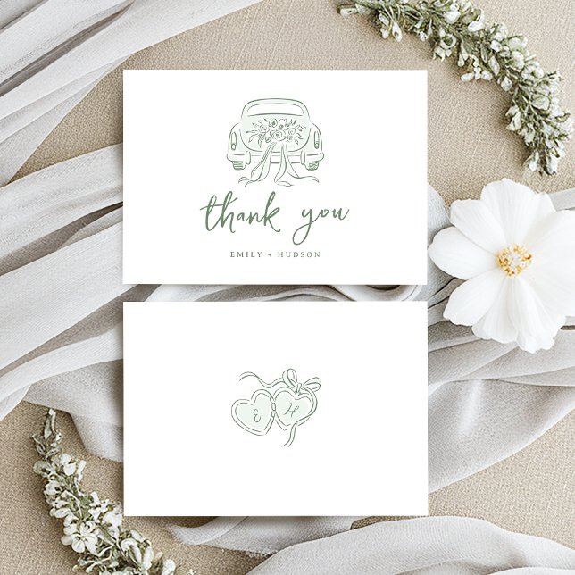 Sage Sketched Just Married Car Couples Monogram Dankeskarte (Sage Sketched Just Married Car Couples Monogram Thank You Card)