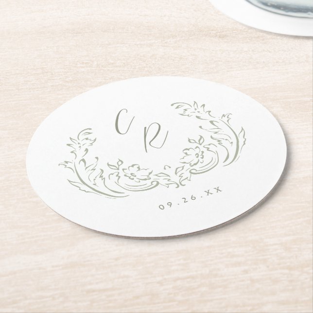 Sage Sketched Vintag Blüh Wedding Monogram Runder Pappuntersetzer (Angewinkelt)