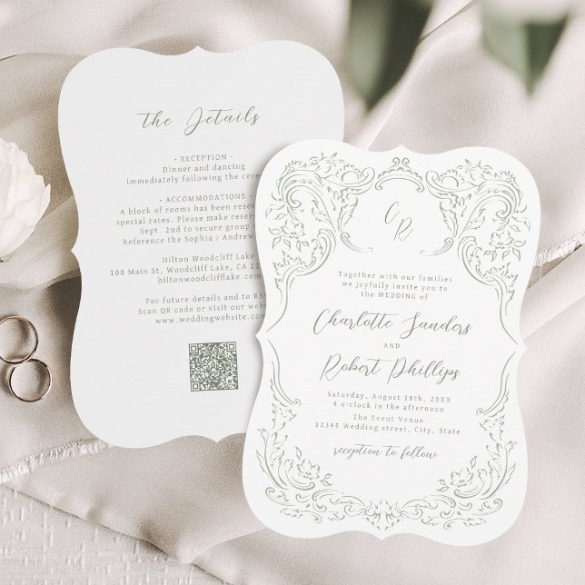 Sage Sketched Vintag Geblüht Monogram Wedding Einladung (Sage Sketched Vintage Flourish Monogram Wedding Invitation)