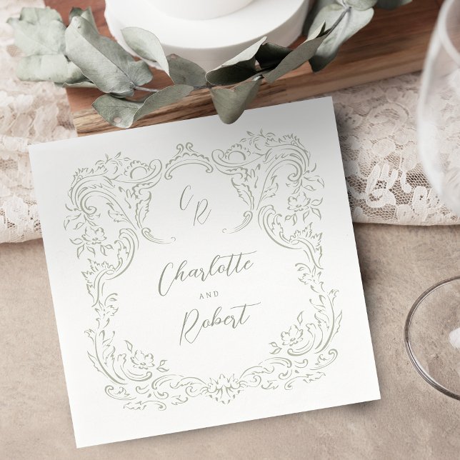 Sage Sketched Vintag Geblüht Monogram Wedding Serviette (Sage Sketched Vintage Flourish Monogram Wedding Napkins)