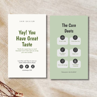 Sage Social Media Tumbler Care Instructions Card Visitenkarte