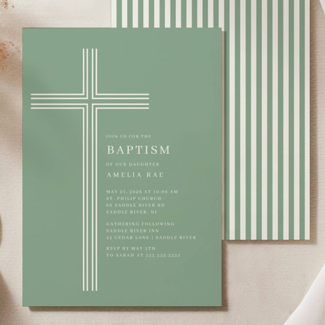 Sage Striped Cross Baptism Invitation  Einladung (Von Creator hochgeladen)