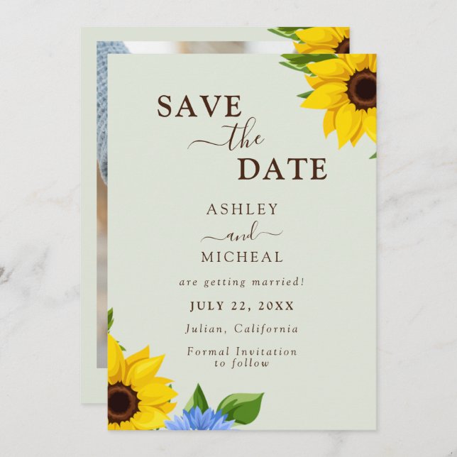 Sage Sunflower Wedding Flat Save the Date Card (Vorne/Hinten)