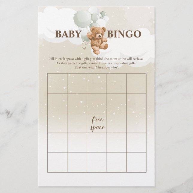 Sage Teddy Bear BINGO Baby Showspiele Flyer (Vorne)