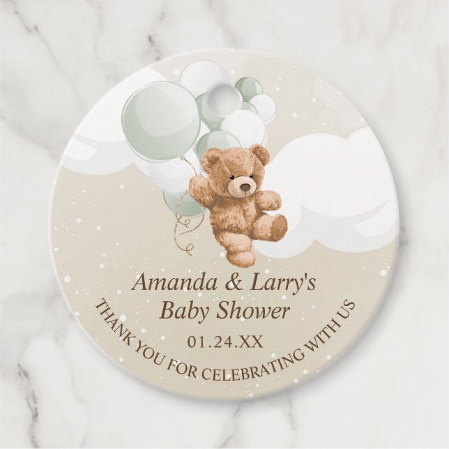 Sage Teddy Bear mit Balloons Geschenkanhänger (Vorderseite)