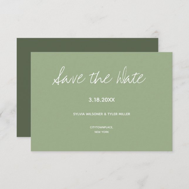 Sage Typografy Minimalistisch Wedding Save The Date (Vorne/Hinten)