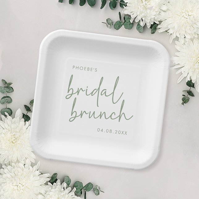 Sage und White Minimalistisch Script Bridal Brunch Pappteller (Von Creator hochgeladen)