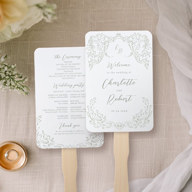Sage Vintag Blüh Monogram Wedding Program Fächer (Sage Green Vintage Flourish Monogram Wedding Program Hand Fan)