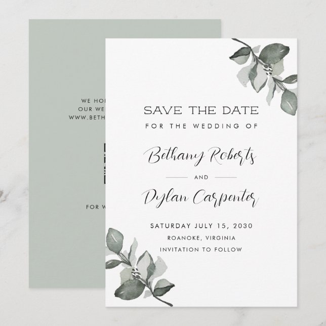 Sage Watercolor Eucalyptus QR Code Hochzeit Save The Date (Vorne/Hinten)