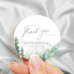 Sage Watercolor Forest Woodland Thank You Favors Runder Aufkleber<br><div class="desc">Watercolor lush green pine forest and misty mountain with sage modern script,   elegant and romantic,  great thank you favor stickers for boho rustic wedding and mountain forest destination wedding in spring and summer.</div>