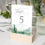 Sage Watercolor Mountain Forest Rustic Wedding Tischnummer<br><div class="desc">Watercolor lush green pine forest,  teal river,  and misty mountain with sage modern script,   elegant and romantic,  great table number cards for boho rustic wedding and mountain forest destination wedding in spring and summer.</div>