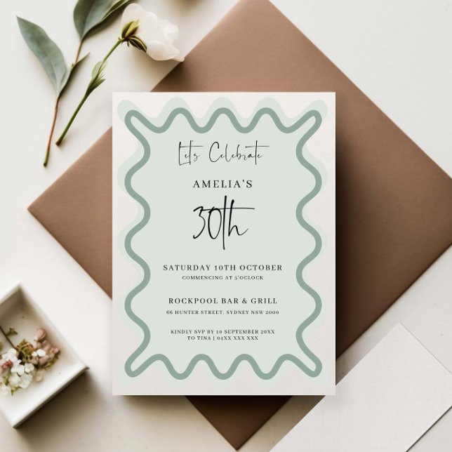 Sage Wavy Border 30. Geburtstag Einladung (Von Creator hochgeladen)