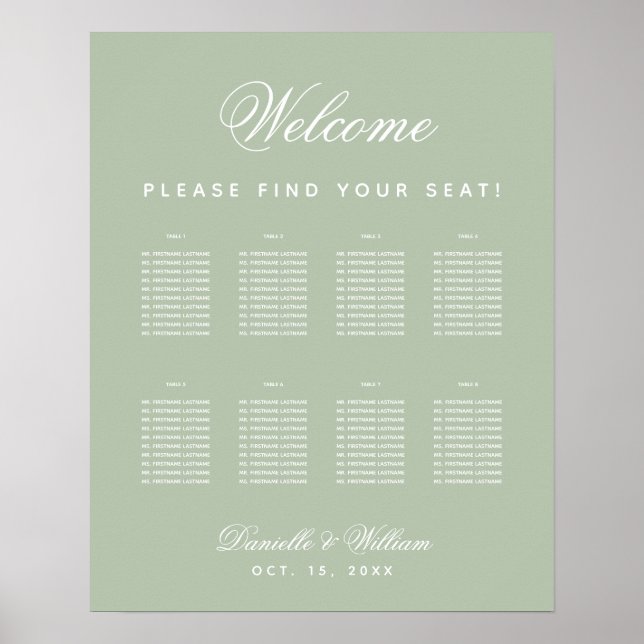 Sage Wedding 8 Table Einfache Green Seating Chart Poster (Vorne)
