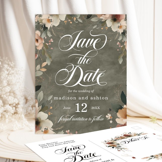 Sage Whisper-Cottail Hochzeit Speichern Sie das Da Ankündigungspostkarte (Set the scene for your dream wedding with our Ethereal Elegance save the date cards.)