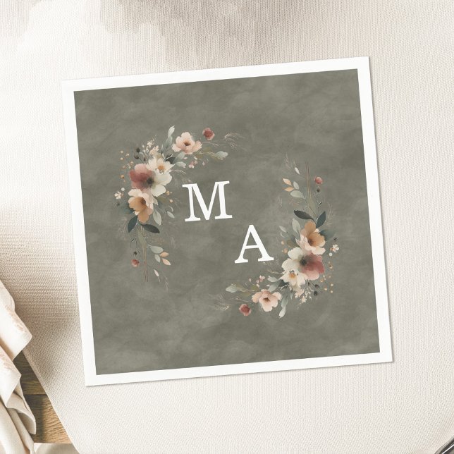 Sage Whisper Green Floral Wreath Wedding Monogram Serviette (Wrap your celebration in elegance with our monogrammed napkins in 6 rustic hues.)