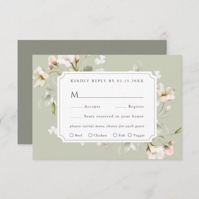 Sage White Blush Elegante Blues Wedding RSVP Karte (Vorne/Hinten)