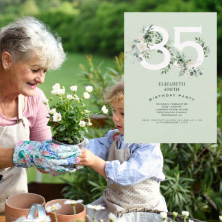 Sage White Floral Elegant 85. Geburtstagsparty Einladung