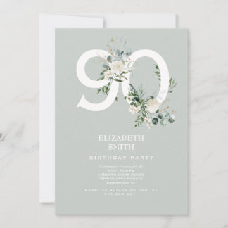 Sage White Floral Elegant 90. Geburtstagsparty Einladung