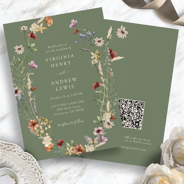 Sage Wildblume Boho QR Code Hochzeit Einladung (Sage Green Wildflower Boho QR Code Wedding Invitation by Painted Paperie
)