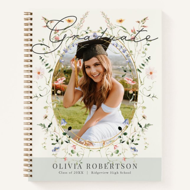 Sage Wildflower Floral Photo Graduation Guest Book Notizbuch (Vorderseite)