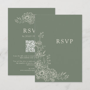 Sagegrün Chic Botanical Gänseblümchen QR-Code Hoch RSVP Karte