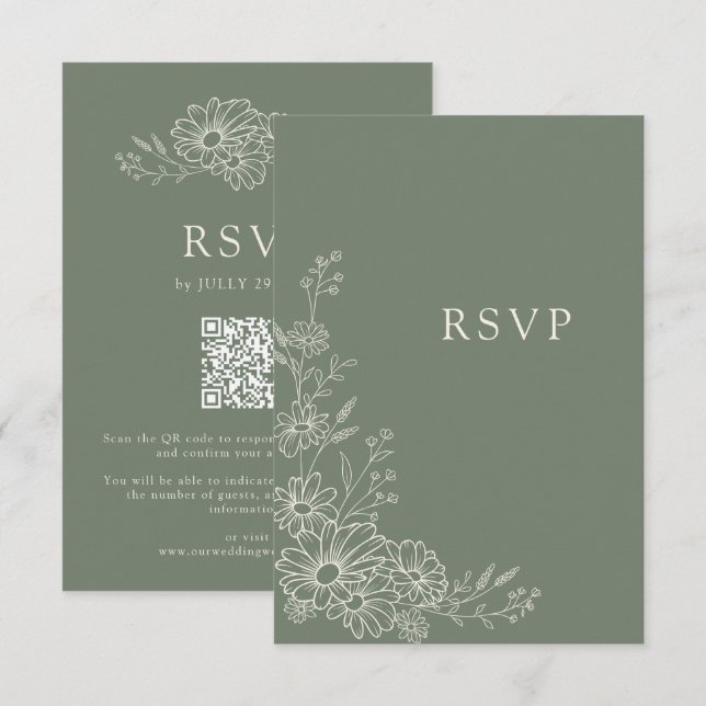 Sagegrün Chic Botanical Gänseblümchen QR-Code Hoch RSVP Karte (Vorne/Hinten)