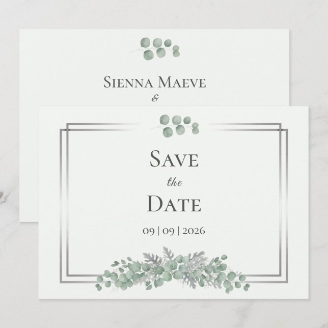 Sagegrün Eukalyptus Silberrahmen Hochzeit Vormerku Save The Date (Vorne/Hinten)