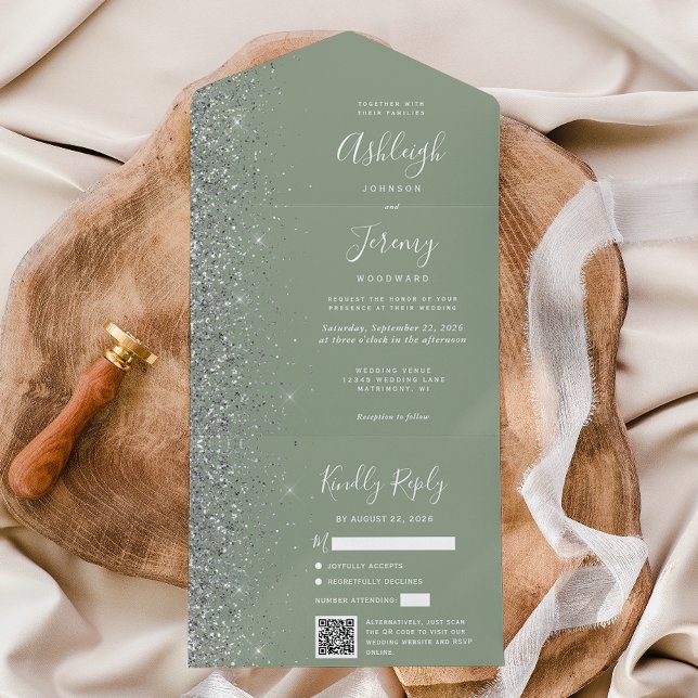 Sagegrün Silber Glitter QR Code Hochzeit All In One Einladung (Von Creator hochgeladen)