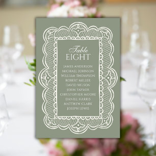 Sagegrün & Spitze Old Money Hochzeits-Sitzplan Tischnummer
