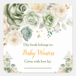 Sagegrün und cremefarbene florale Baby- Shower-Exl Quadratischer Aufkleber