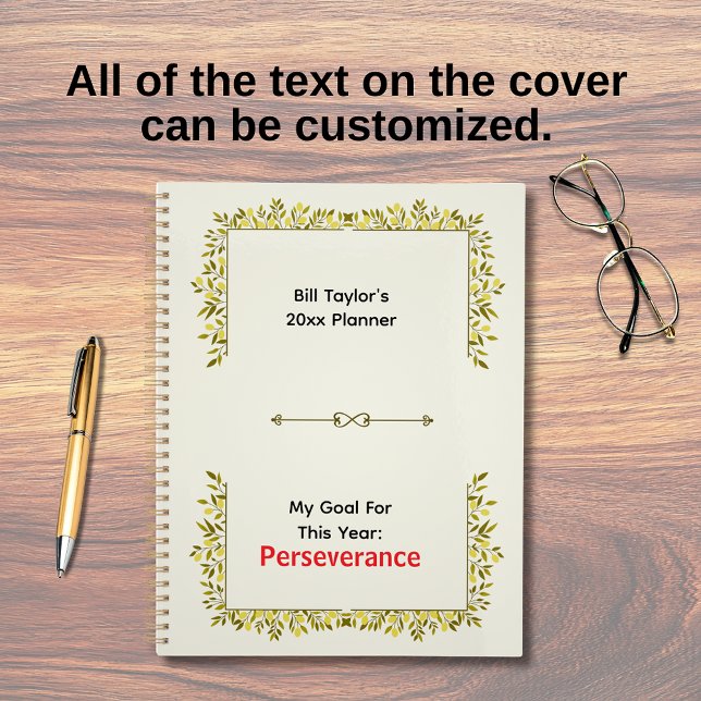 Sagegrün und goldenes Motiv Durchhaltevermögen Zie Planer (Perseverance goal planner)